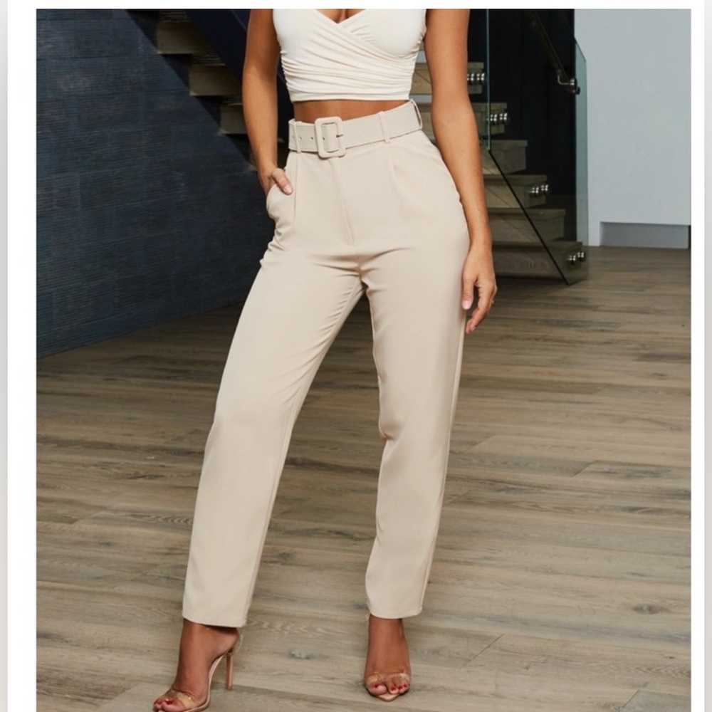 Oh Polly Cream stone color cropped Belted High-Waisted Trousers size 10